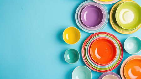 A vibrant assortment of colorful plates and bowls arranged artistically on a blue background, perfect for dining, decoration, or creative projects.の素材