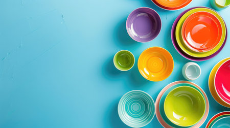 A cheerful arrangement of brightly colored ceramic plates and bowls on a vibrant blue background, perfect for showcasing joyful dining experiences and creativity in table settings.の素材