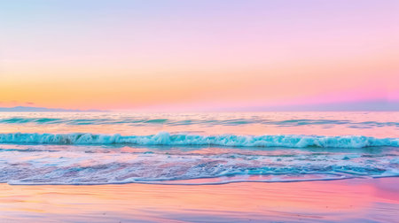 Experience the serenity of a sunset illuminating gentle ocean waves under a pastel sky, displaying a tranquil beach scene ideal for relaxation and inspiration.の素材