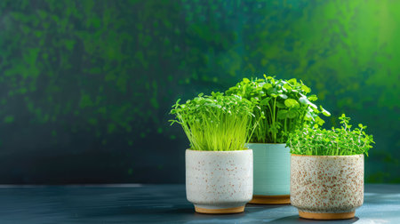 This vibrant image showcases fresh green herbs in decorative pots against a dark background, perfect for adding a touch of nature to home decor and culinary spaces.の素材