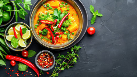 A beautifully arranged Asian cuisine dish featuring fresh vegetables, spices, and herbs on a dark background, ideal for showcasing culinary art and flavor.の素材