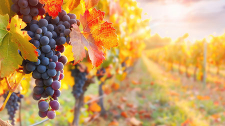 A stunning autumn scene showcasing ripe grapes hanging from vines, surrounded by vibrant, colorful leaves in a picturesque vineyard at sunset.の素材