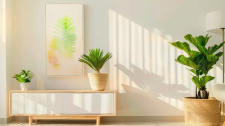 A bright living room showcasing modern design elements, featuring lush green plants, colorful wall art, and natural light creating beautiful shadows.の素材