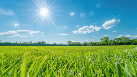 A vibrant landscape featuring a lush green field basking under a bright sun, complemented by a clear blue sky and fluffy white clouds, showcasing nature's beauty.の素材