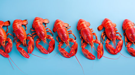 A stunning display of freshly cooked red lobsters arranged on a vibrant blue background, perfect for seafood lovers and culinary enthusiasts looking for inspiration.の素材