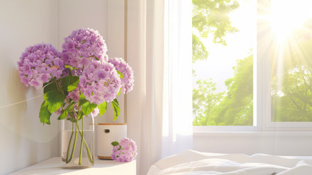 A cozy bedroom scene features a stylish vase filled with vibrant purple hydrangea flowers, illuminated by soft morning sunlight streaming through a window.の素材