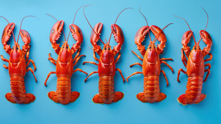 A vibrant arrangement of freshly cooked lobsters showcased on a blue surface, perfect for culinary presentations and seafood enthusiasts. This image highlights the exquisite texture and rich color of the lobsters, ideal for use in cookbooks, menus, and food blogs.の素材