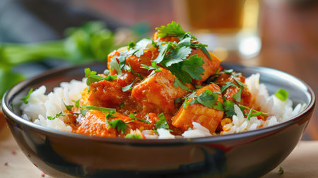 This enticing curry dish features tender pieces cooked in a rich sauce, garnished with fresh herbs, served over fluffy rice in a stylish bowl.の素材