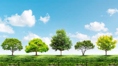 This stock photo showcases the vibrant growth of trees representing different seasons. The bright blue sky and fluffy clouds create a serene landscape, ideal for nature-themed projects.の素材