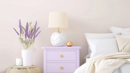 A serene bedroom corner featuring a bedside table, a modern lamp, and lavender accents, perfect for creating a tranquil atmosphere.の素材