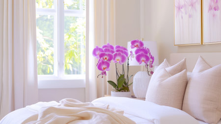 A beautifully styled bedroom showcasing soft textiles and the elegance of pink orchids. The natural light enhances the serene atmosphere, perfect for relaxation.の素材