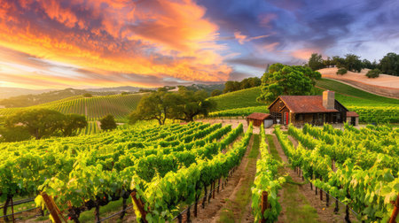 This picturesque image captures a vibrant vineyard landscape during sunset, featuring lush green grapevines, a rustic wooden cabin, and a colorful sky. Perfect for illustrating nature's beauty and agricultural charm.の素材