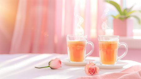 Two steaming cups of tea sit gracefully on a soft surface, accompanied by fresh pink roses, creating a serene and inviting indoor atmosphere.の素材