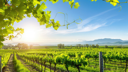 A breathtaking view of lush vineyards stretching towards the horizon under a clear blue sky, illuminated by soft sunlight, creating a serene countryside atmosphere.の素材