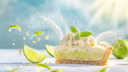 Delight in this vibrant lime dessert slice topped with whipped cream and mint, capturing the essence of summer with a bright, fresh appearance.の素材