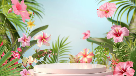 A serene tropical floral background featuring a smooth podium surrounded by vibrant pink flowers and lush green greenery, perfect for showcasing products in beauty or lifestyle photography.の素材