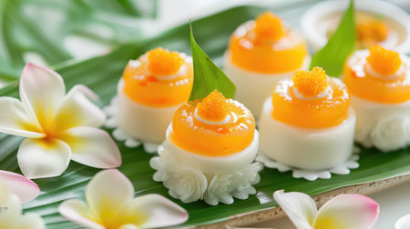 This captivating image showcases a beautiful arrangement of creamy coconut pudding topped with a vibrant mango layer and garnished with delicate fruit, perfect for festive occasions.の素材