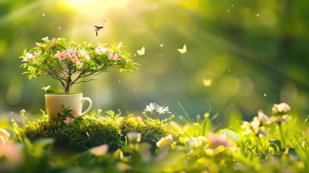 A beautiful depiction of a miniature tree in a cup, surrounded by colorful blossoms and butterflies, illuminated by gentle sunlight, encapsulating nature's tranquility.の素材