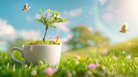 A charming scene featuring a small tree growing inside a white cup, nestled on vibrant green grass with sunlight filtering through a serene landscape.の素材