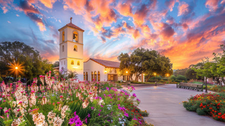A breathtaking sunset illuminates a charming church surrounded by vibrant flowers and lush greenery, creating a peaceful and picturesque view.の素材