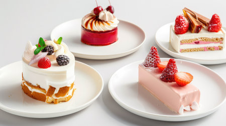 A stunning array of delectable desserts showcasing creamy textures and vibrant colors, perfect for any occasion. Ideal for food photography and culinary inspiration.の素材