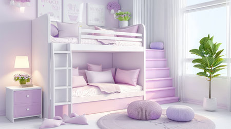 This charming children's bedroom features a stylish bunk bed, soft pink and purple accents, and cozy textiles, creating a tranquil and playful environment.の素材