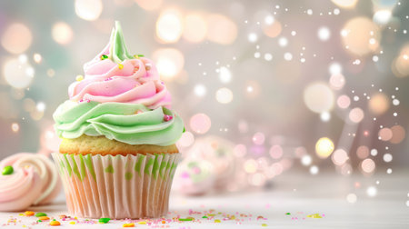 A beautifully decorated cupcake showcases swirls of pink and green frosting against a soft bokeh background. Perfect for desserts, celebrations, or food photography.の素材