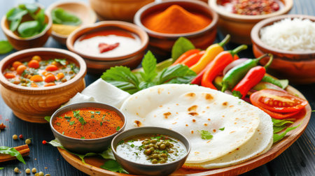 This beautifully arranged Indian cuisine spread showcases traditional dishes with vibrant colors. Fresh ingredients like vegetables and spices highlight the culinary art, ideal for food photography and recipe inspiration.の素材