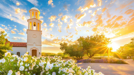 A beautiful sunrise casts a warm glow over a charming bell tower surrounded by blooming white flowers, creating a tranquil scene of nature and architecture.の素材