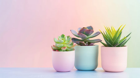 Three vibrant succulent plants in pastel-colored pots set against a soft gradient background create a serene and stylish decor accent for modern spaces.の素材