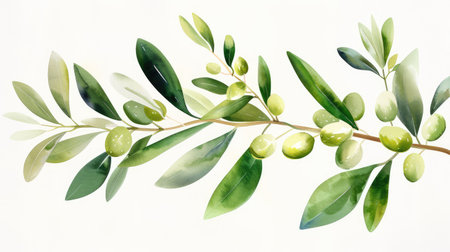 A beautifully detailed watercolor illustration of an olive branch with lush green leaves and ripe fruit, ideal for culinary and nature-themed projects.の素材