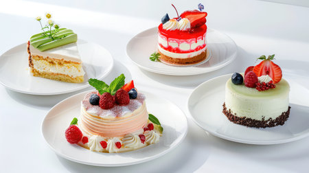 A vibrant display of assorted cakes featuring creamy textures, fresh fruits, and artistic decorations, perfect for any celebration or dessert table.の素材