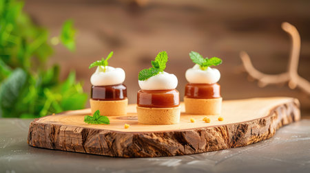 This image showcases an elegant dessert presentation featuring chocolate mousse cups topped with fresh mint leaves and cream on a rustic wooden board.の素材