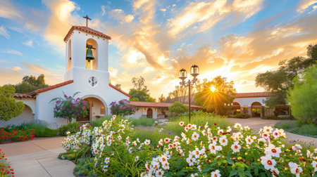 This stunning image captures a picturesque chapel at sunset, featuring vibrant flowers in a serene garden setting. The dramatic sky enhances the peaceful atmosphere, making it an ideal representation of tranquility and beauty.の素材