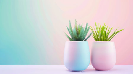Lively arrangement of succulent and grass plants in modern pastel pots against a soft gradient background, perfect for enhancing indoor aesthetics.の素材