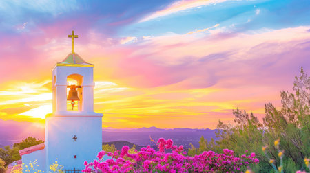 A breathtaking view of a white bell tower framed by vibrant flowers, set against a stunning sunset over majestic mountains, creating a serene atmosphere.の素材