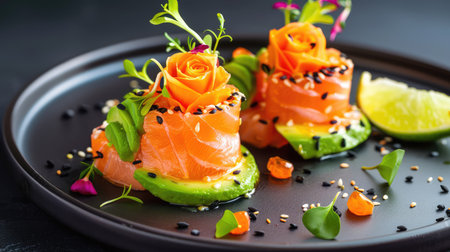 This stunning plate features beautifully arranged salmon roses garnished with fresh herbs and colorful ingredients, showcasing a gourmet culinary experience.の素材