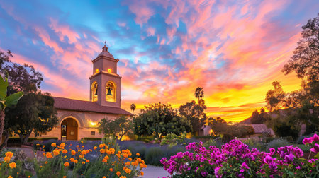 A stunning view of a historic church at sunset, surrounded by colorful flowers and lush greenery. The vibrant sky creates a serene, picturesque landscape perfect for relaxation.の素材