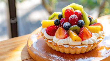 A beautifully crafted fruit tart topped with a variety of fresh berries, creating a colorful and inviting dessert. Perfect for gatherings or celebrations.の素材