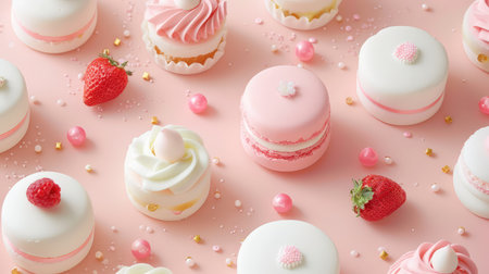 A delectable assortment of colorful desserts including macarons, cupcakes, and fresh strawberries arranged on a soft pink background, perfect for celebrations.の素材