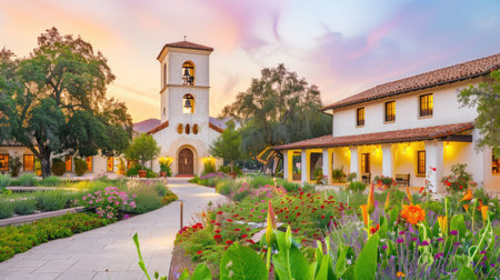 A picturesque scene featuring a beautiful Spanish mission surrounded by lush gardens and colorful flowers during a serene sunset, inviting tranquility and peace.の素材
