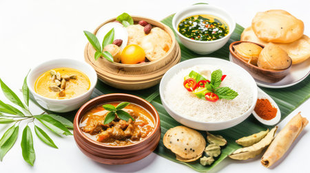 This stunning arrangement showcases a variety of traditional Indian dishes, highlighting rich flavors and fresh ingredients, perfect for culinary enthusiasts.の素材