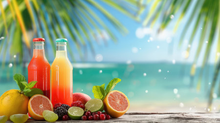 Vibrant fruit drinks sit on a rustic wooden table, surrounded by fresh fruits and a beach backdrop. This refreshing scene is perfect for summer promotions.の素材