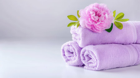 A set of three soft purple towels stacked neatly, adorned with a lovely pink peony flower, perfect for adding a touch of elegance to spa and relaxation settings.の素材