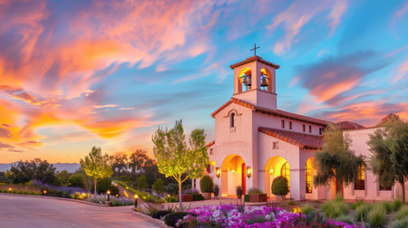 A captivating scene featuring a charming church framed by vibrant flowers under a breathtaking sunset sky, providing a peaceful and serene atmosphere.の素材