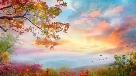 A breathtaking view of a vibrant sunset illuminating rolling hills adorned with colorful blossoming flowers, creating a serene and tranquil nature scene.の素材