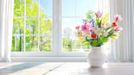 A beautiful flower arrangement in a white vase sits on a wooden table beside a sunlit window, offering a view of lush green trees and a tranquil setting.の素材