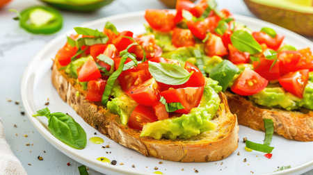 A vibrant plate of avocado toast topped with fresh tomatoes and basil, showcasing a healthy and delicious breakfast option that inspires a culinary lifestyle.の素材