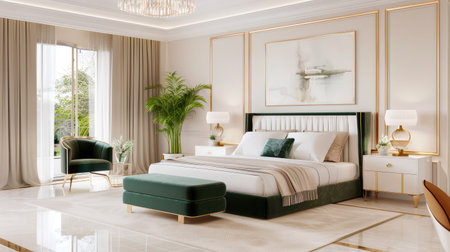 This elegant modern bedroom features luxurious furnishings, soft fabrics, and ample natural light, creating a serene and inviting atmosphere for relaxation.の素材
