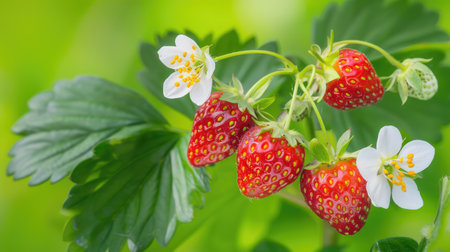 A close-up view of fresh strawberries hanging on a green plant, surrounded by bright leaves and delicate white flowers, highlighting nature's beauty.の素材